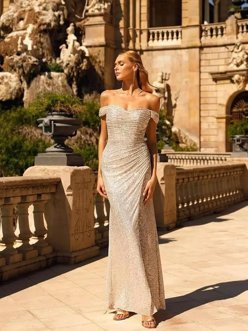 Off Shoulder Sequin Prom Dress for Women Mermaid Long Sparkly Bridesmaid Dresses Slit Formal Gown MAOF010