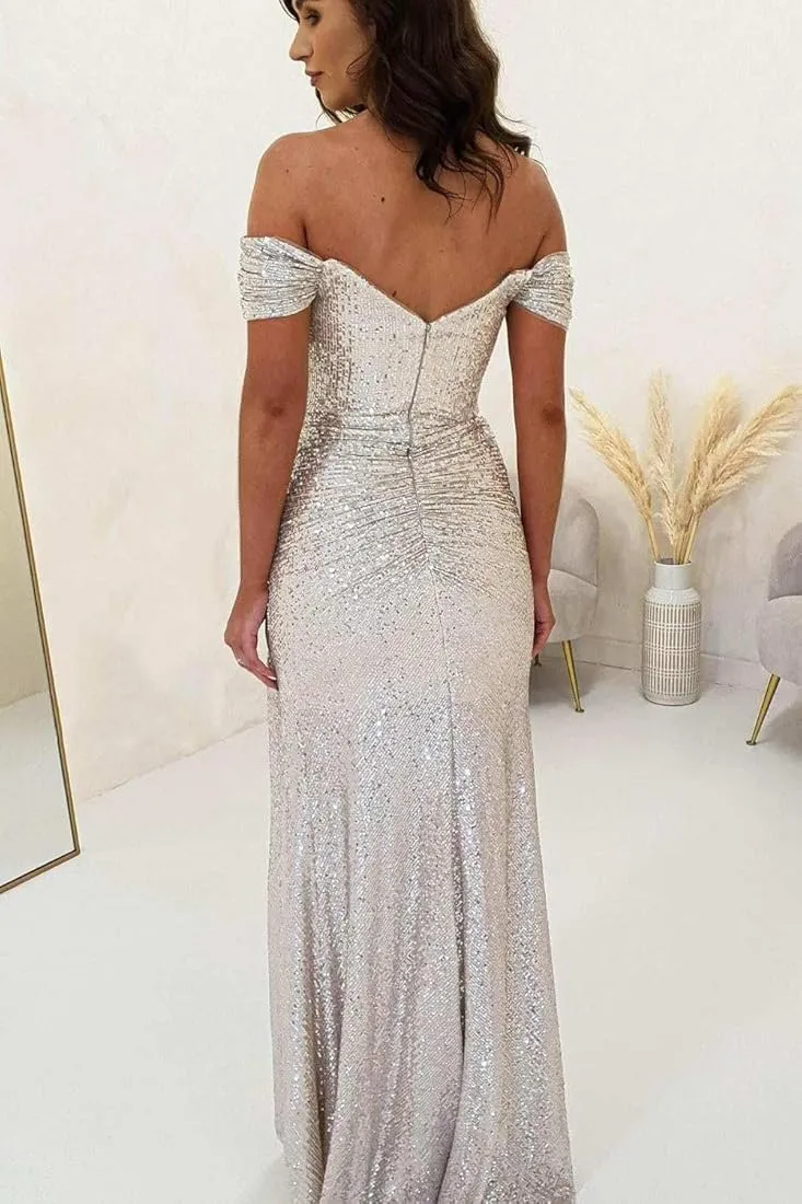 Off Shoulder Sequin Prom Dress for Women Mermaid Long Sparkly Bridesmaid Dresses Slit Formal Gown MAOF010