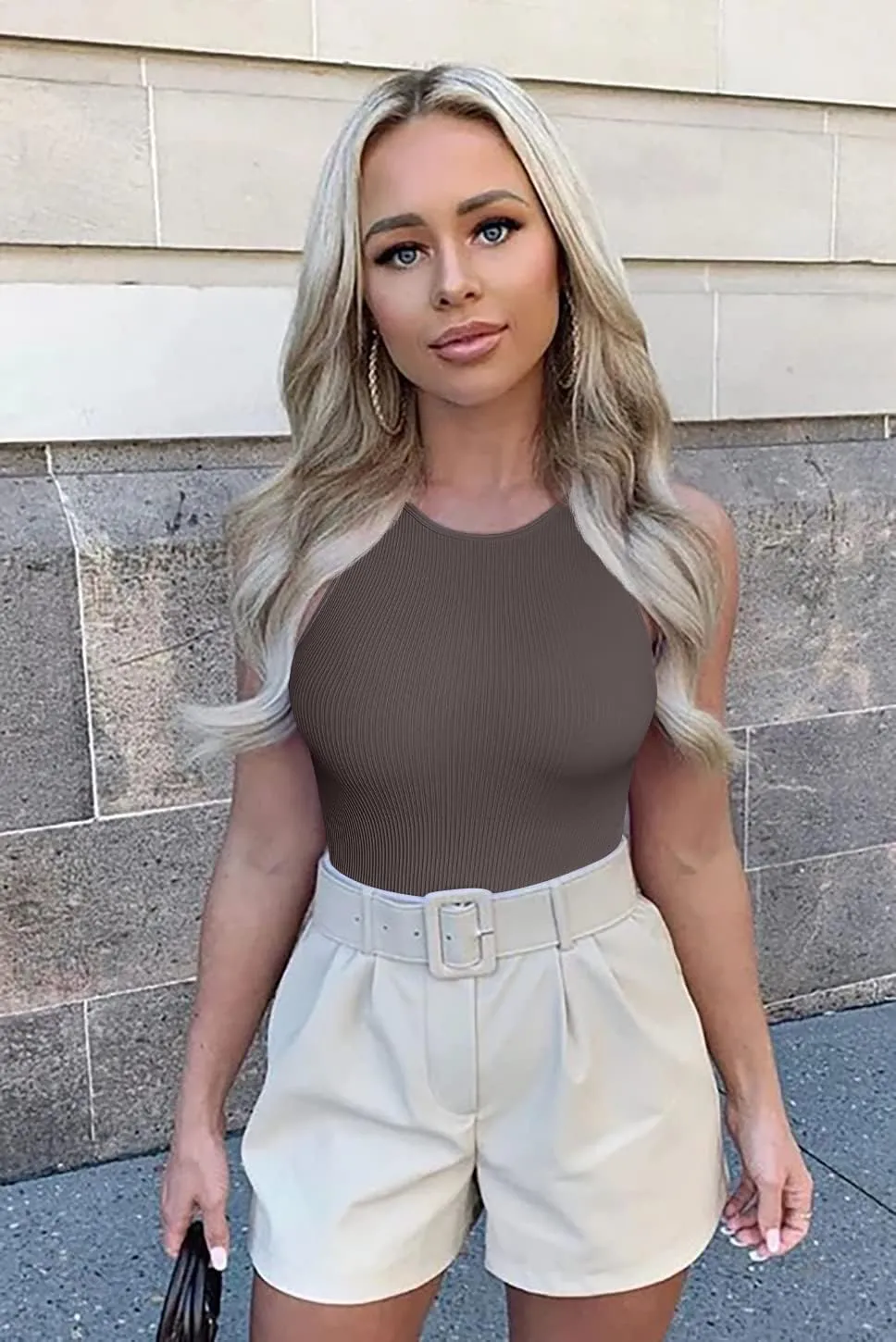 OQQ Women's 3 Piece Bodysuits Sexy Ribbed One Piece Sleeveless Halter Neck Tops Leotard Summer Trendy