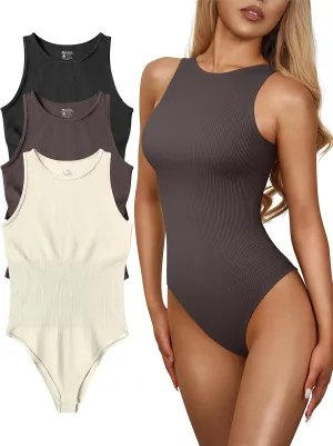 OQQ Women's 3 Piece Bodysuits Sexy Ribbed One Piece Sleeveless Halter Neck Tops Leotard Summer Trendy