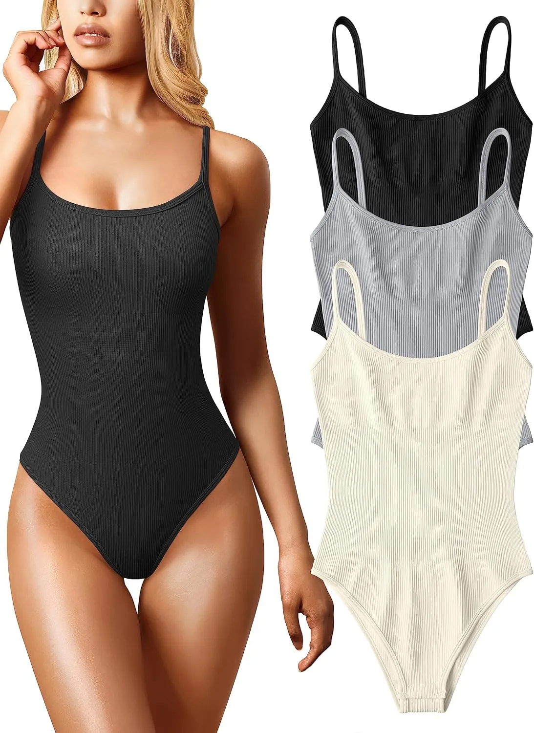 OQQ Women's 3 Piece Bodysuits Sexy Ribbed Sleeveless Adjustable Spaghetti Strips Tops Leotard 2025 Summer