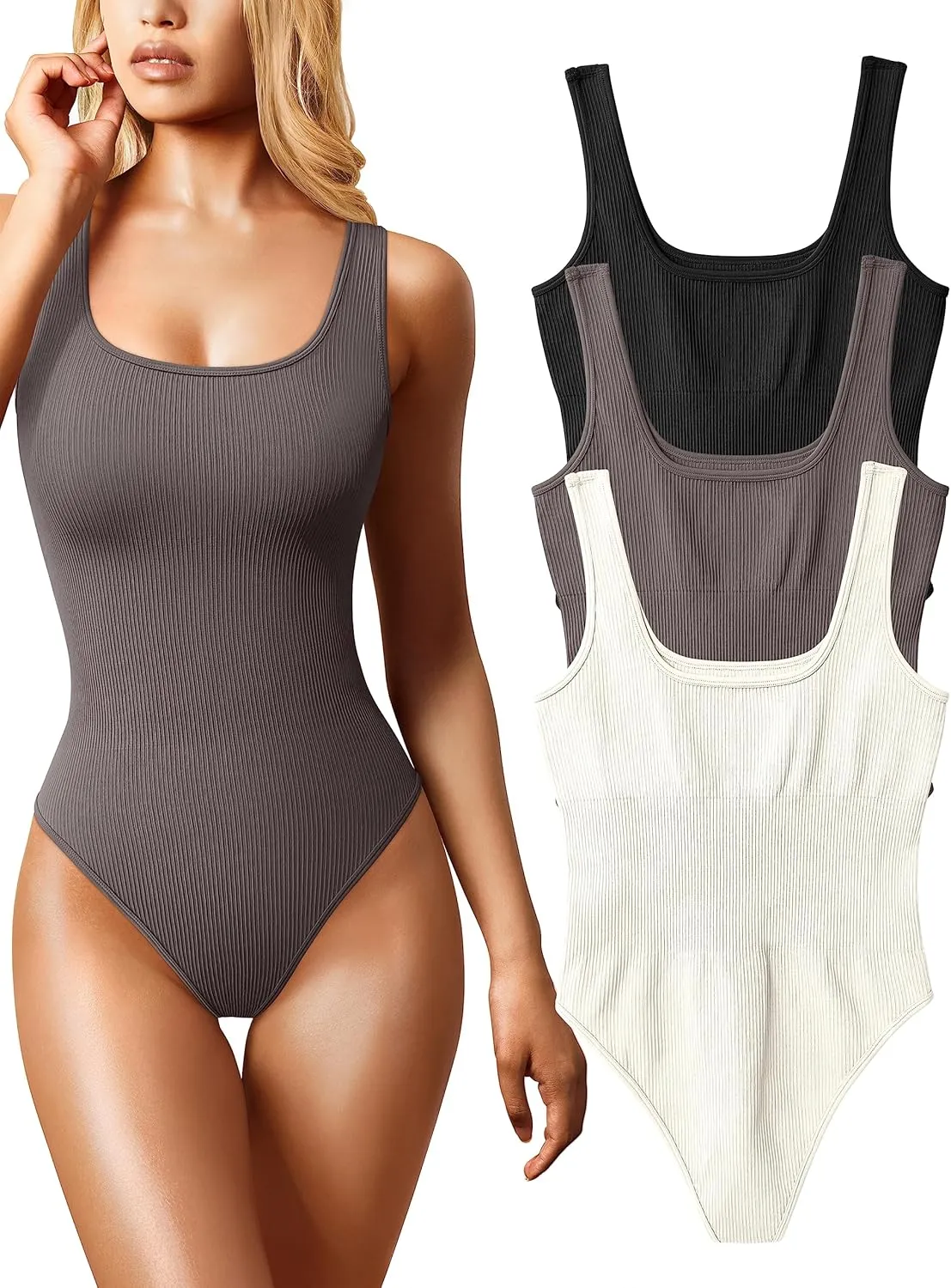 OQQ Women's 3 Piece Bodysuits Sexy Ribbed Sleeveless Square Neck Tank Tops Leotard 2025 Trendy Outfits