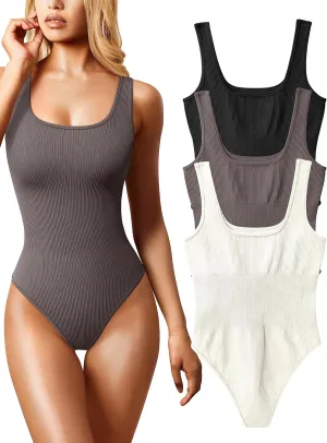 OQQ Women's 3 Piece Bodysuits Sexy Ribbed Sleeveless Square Neck Tank Tops Leotard 2025 Trendy Outfits