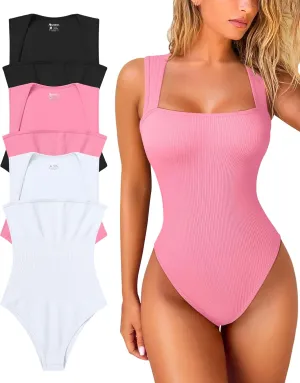 OQQ Women's 3 Piece Bodysuits Sexy Ribbed Strappy Square Neck Sleeveless Tummy Control Tank Tops Bodysuits