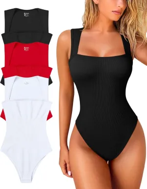 OQQ Women's 3 Piece Bodysuits Sexy Ribbed Strappy Square Neck Sleeveless Tummy Control Tank Tops Bodysuits