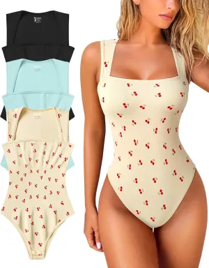 OQQ Women's 3 Piece Bodysuits Sexy Ribbed Strappy Square Neck Sleeveless Tummy Control Tank Tops Bodysuits