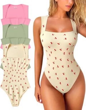 OQQ Women's 3 Piece Bodysuits Sexy Ribbed Strappy Square Neck Sleeveless Tummy Control Tank Tops Bodysuits