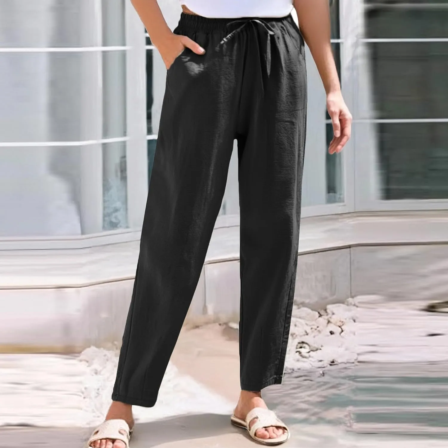 Pants for Women, Pants Women Casual Peasant Linen Straight Leg Cotton Plus