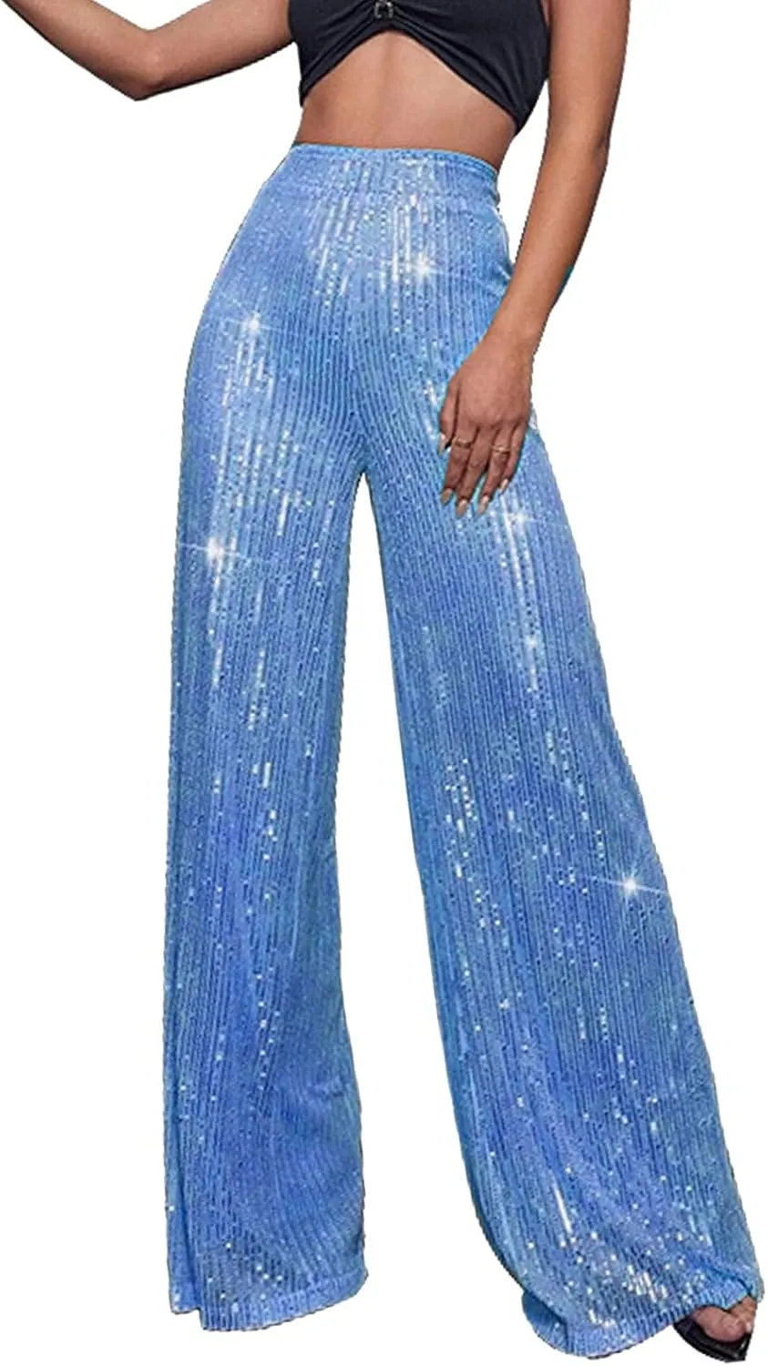 Pants for Women Womens High Waist Casual Loose Sparkle Sequin Shiny Wide Leg Flare Palazzo Pants Trousers