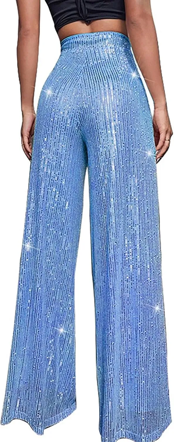 Pants for Women Womens High Waist Casual Loose Sparkle Sequin Shiny Wide Leg Flare Palazzo Pants Trousers