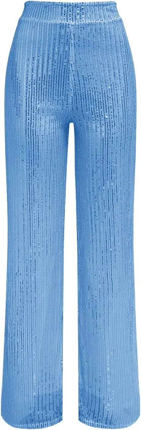 Pants for Women Womens High Waist Casual Loose Sparkle Sequin Shiny Wide Leg Flare Palazzo Pants Trousers