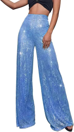 Pants for Women Womens High Waist Casual Loose Sparkle Sequin Shiny Wide Leg Flare Palazzo Pants Trousers
