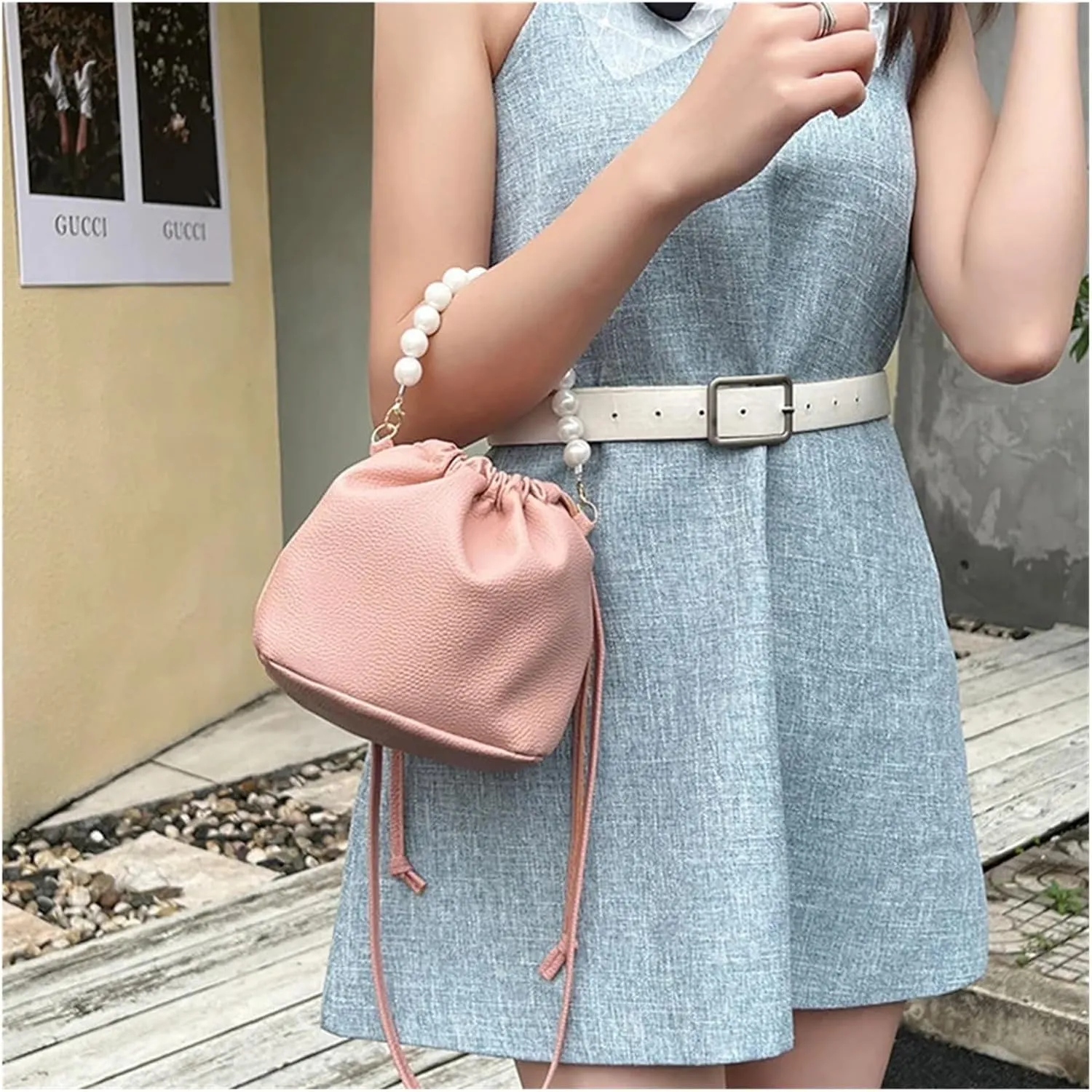 Pearl Evening Bag Pearl Chain Handbag Bucket Shoulder Bag for Lady for Party Prom Wedding(Green)