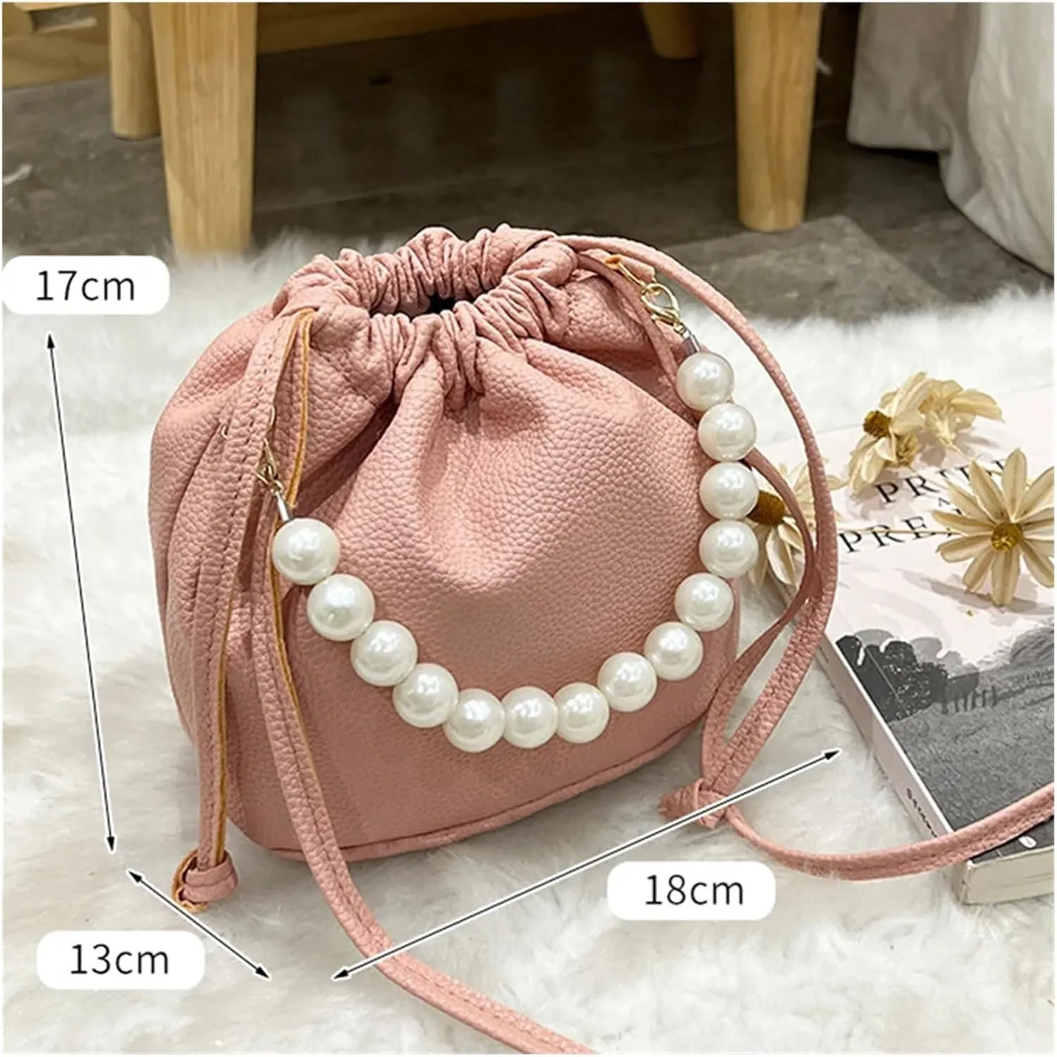 Pearl Evening Bag Pearl Chain Handbag Bucket Shoulder Bag for Lady for Party Prom Wedding(Green)
