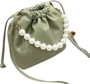 Pearl Evening Bag Pearl Chain Handbag Bucket Shoulder Bag for Lady for Party Prom Wedding(Green)