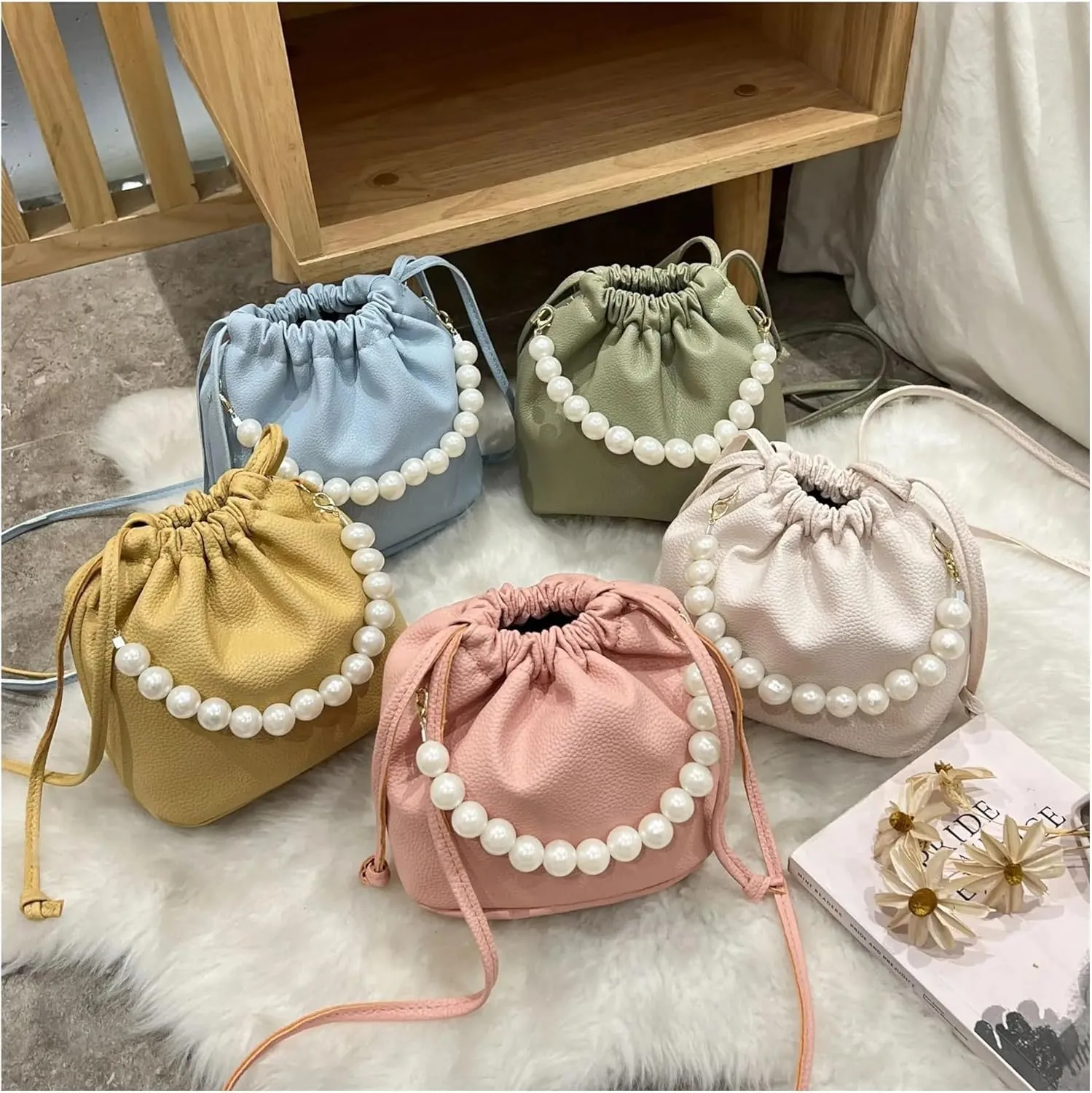 Pearl Evening Bag Pearl Chain Handbag Bucket Shoulder Bag for Lady for Party Prom Wedding(Green)