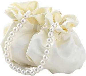 Pearl Evening Bag Women's Handbags Luxury Pearl Chain Party Bucket Bag Lady Day Small Clutches Purses Wedding Evening Handbag for Party Prom Wedding(White)