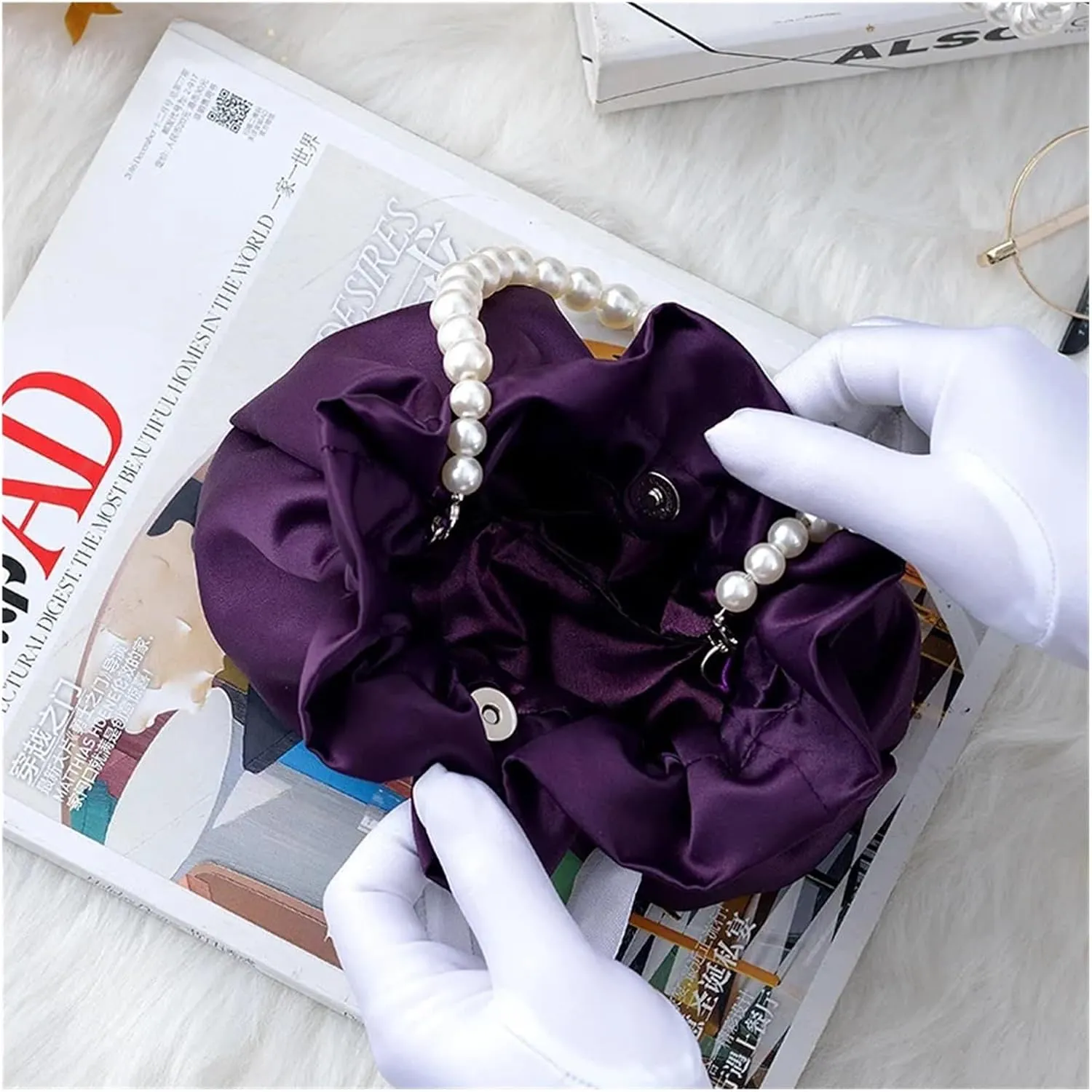 Pearl Evening Bag Women's Handbags Luxury Pearl Chain Party Bucket Bag Lady Day Small Clutches Purses Wedding Evening Handbag for Party Prom Wedding(White)