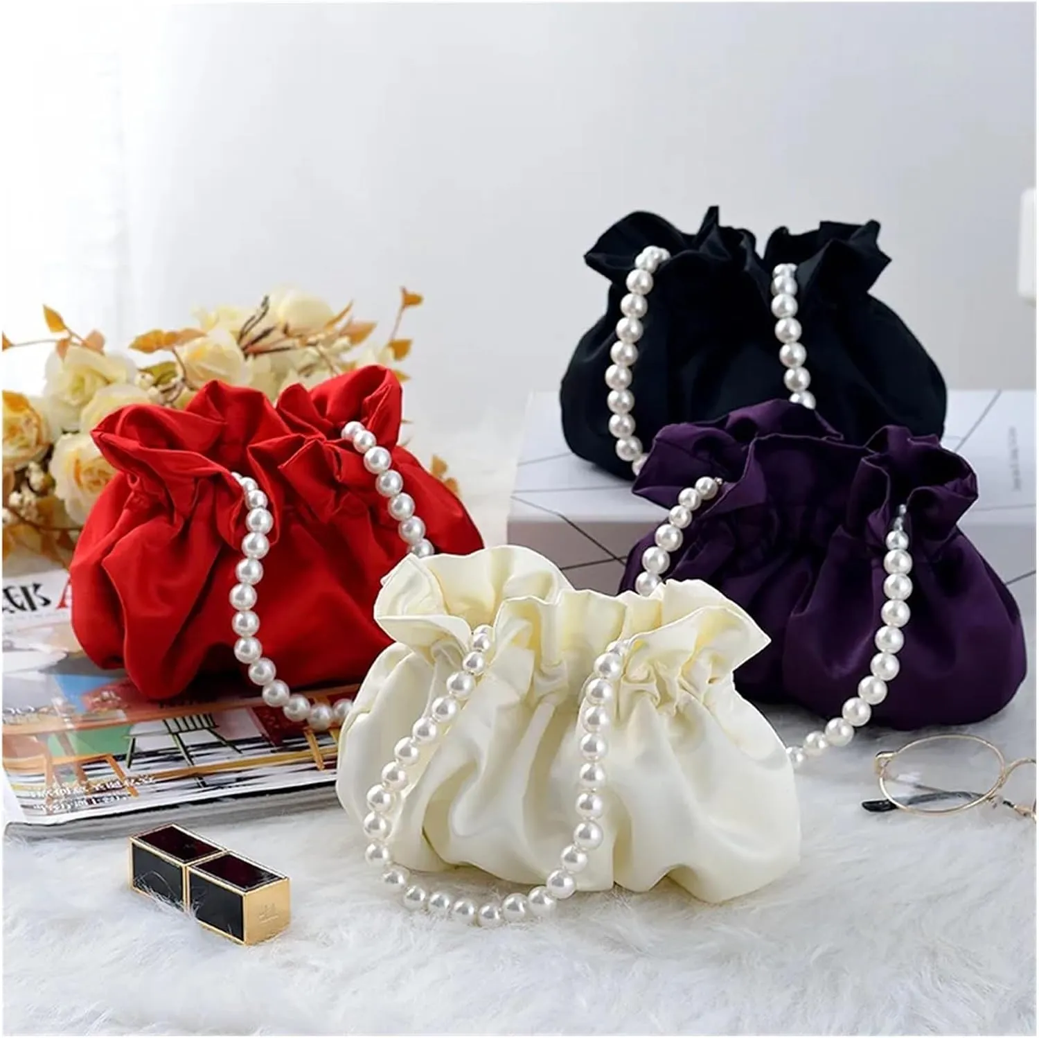 Pearl Evening Bag Women's Handbags Luxury Pearl Chain Party Bucket Bag Lady Day Small Clutches Purses Wedding Evening Handbag for Party Prom Wedding(White)