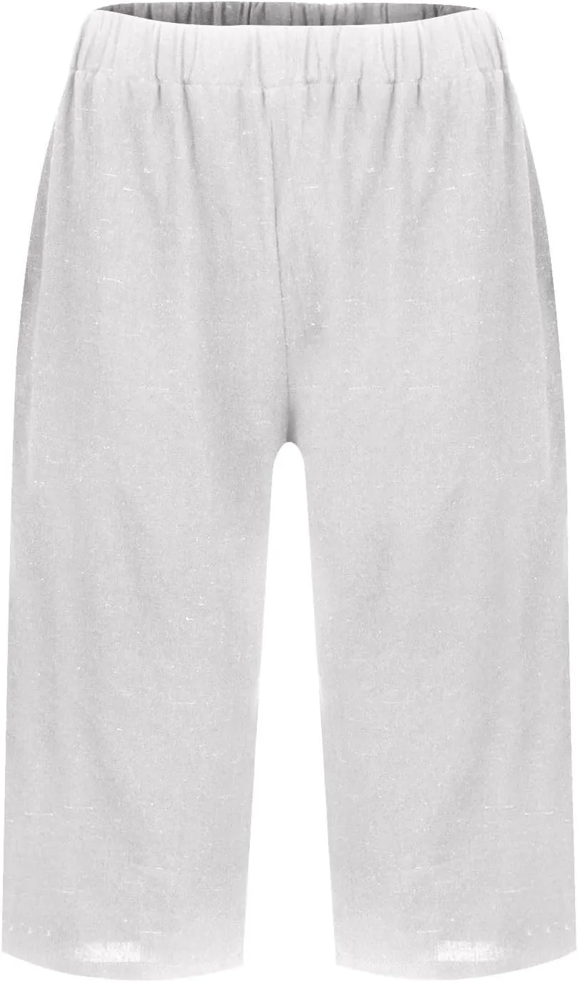 Pedal Pushers for Women Elastic Wasit Linen Shorts Summer Boho Lightweight Baggy Cropped Capris Pants with Pockets