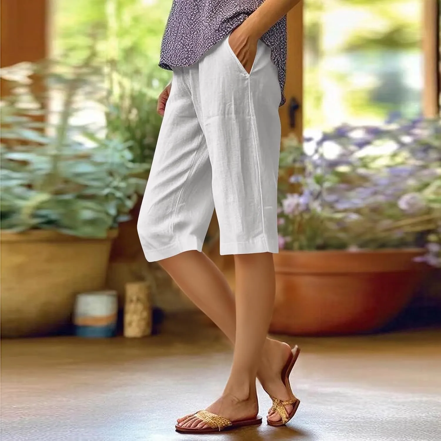 Pedal Pushers for Women Elastic Wasit Linen Shorts Summer Boho Lightweight Baggy Cropped Capris Pants with Pockets