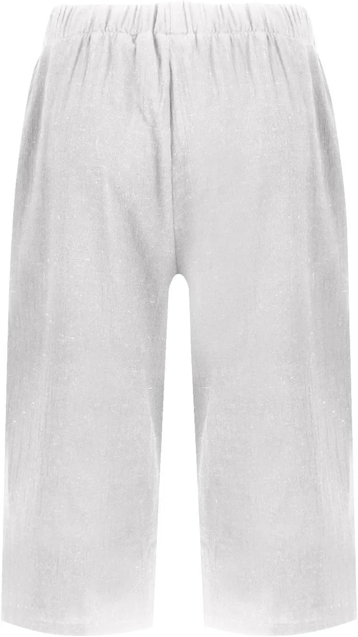 Pedal Pushers for Women Elastic Wasit Linen Shorts Summer Boho Lightweight Baggy Cropped Capris Pants with Pockets