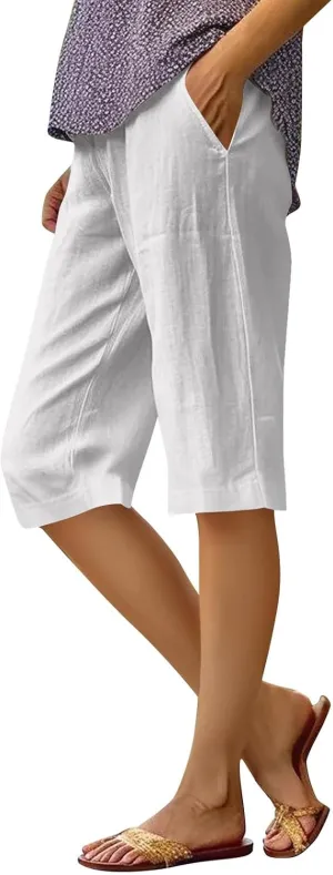Pedal Pushers for Women Elastic Wasit Linen Shorts Summer Boho Lightweight Baggy Cropped Capris Pants with Pockets