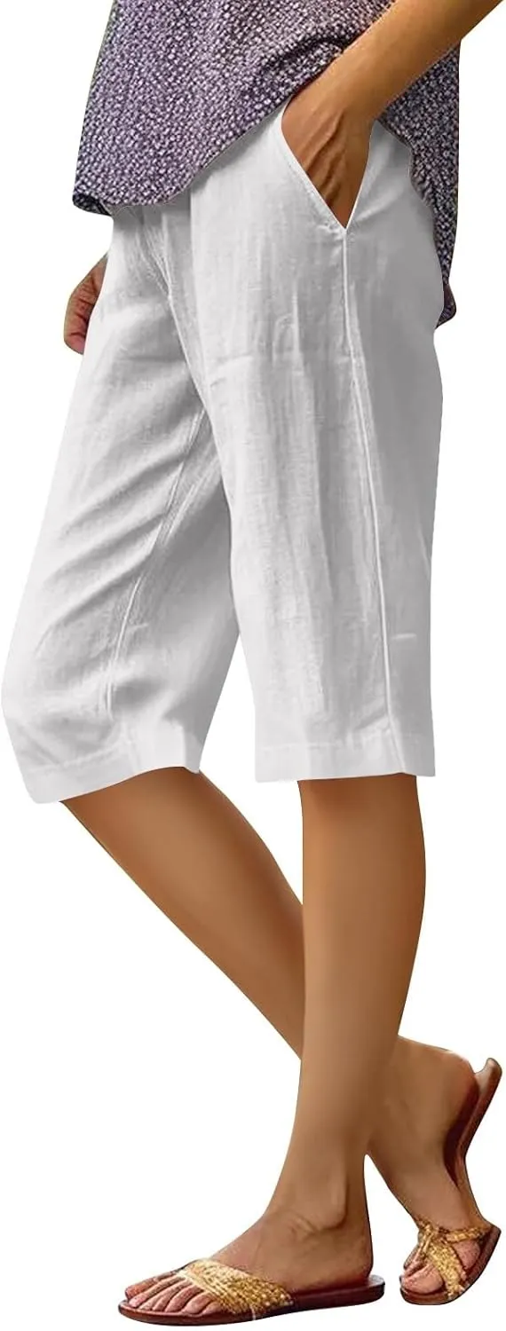 Pedal Pushers for Women Elastic Wasit Linen Shorts Summer Boho Lightweight Baggy Cropped Capris Pants with Pockets