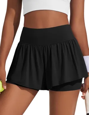 PINSPARK 2 in 1 Running Shorts for Women Flowy Athletic Short Workout Gym Tennis Skirts High Waisted with Pockets