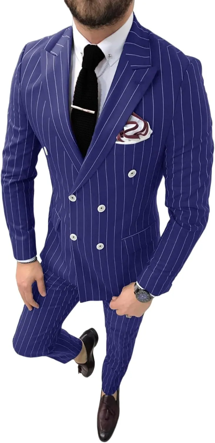 Pinstripe Double Breasted Suit for Men 2 Piece Prom Tuxedo Formal Dinner Jackets for Wedding JXZ013