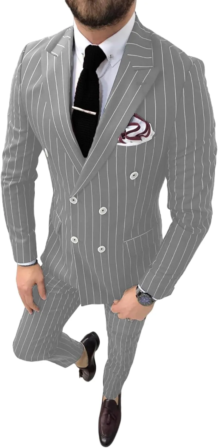 Pinstripe Double Breasted Suit for Men 2 Piece Prom Tuxedo Formal Dinner Jackets for Wedding JXZ013