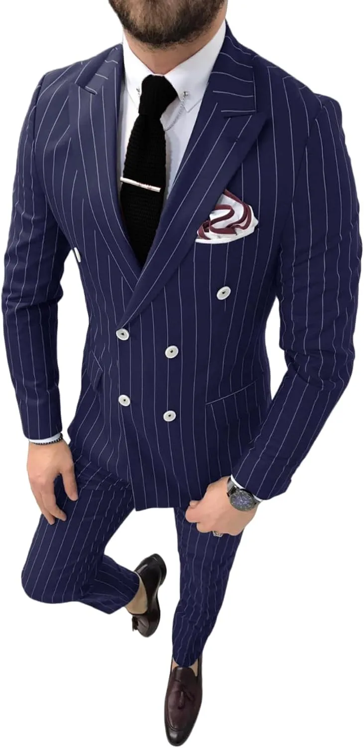 Pinstripe Double Breasted Suit for Men 2 Piece Prom Tuxedo Formal Dinner Jackets for Wedding JXZ013