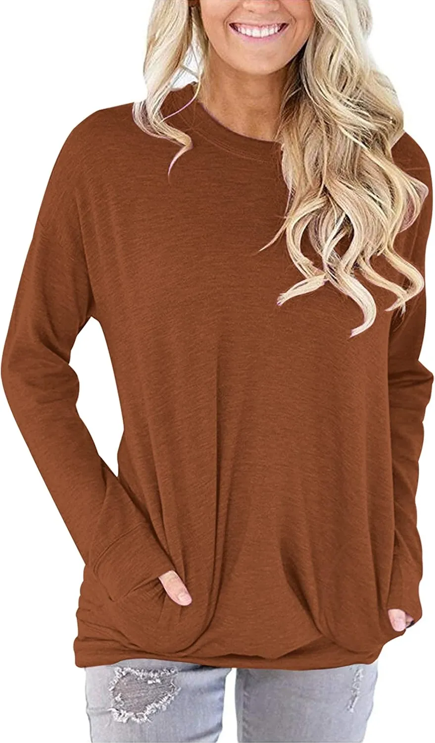 PLOKNRD Women Casual Round Neck Long Sleeve Fit Tunic Top Baggy Comfy Blouse with Pockets