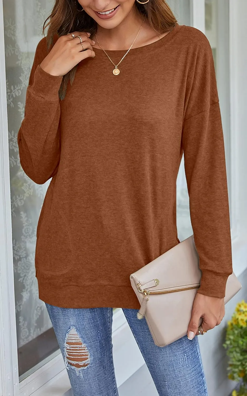 PLOKNRD Women Casual Round Neck Long Sleeve Fit Tunic Top Baggy Comfy Blouse with Pockets