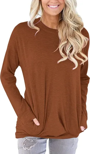 PLOKNRD Women Casual Round Neck Long Sleeve Fit Tunic Top Baggy Comfy Blouse with Pockets