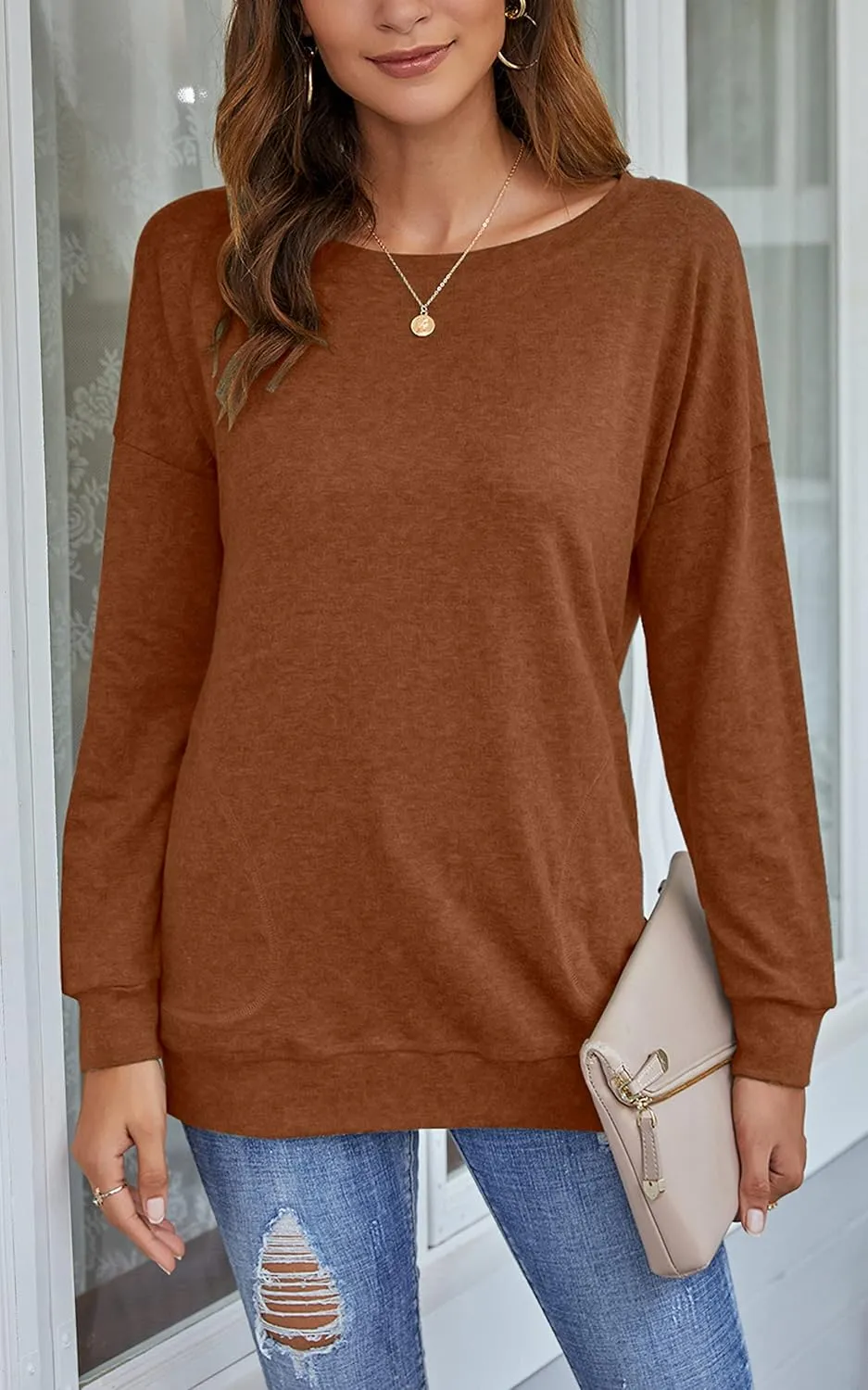 PLOKNRD Women Casual Round Neck Long Sleeve Fit Tunic Top Baggy Comfy Blouse with Pockets