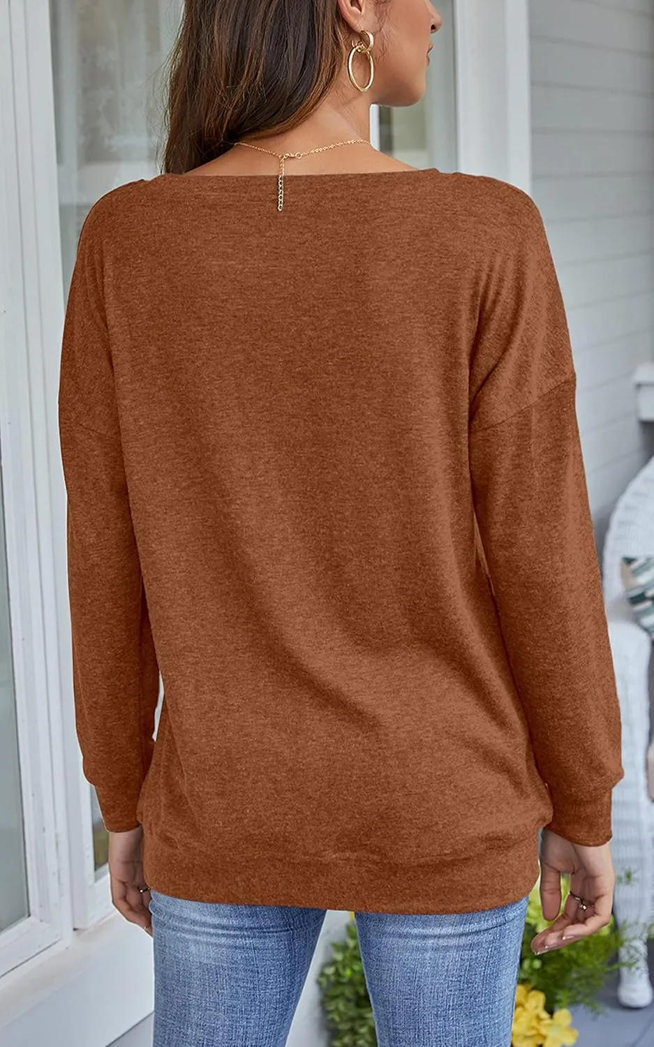 PLOKNRD Women Casual Round Neck Long Sleeve Fit Tunic Top Baggy Comfy Blouse with Pockets
