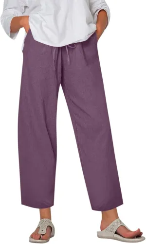 Plus Size Pants for Women Summer Drawstring High Waist Straight Leg Slacks Solid Color Travel Trousers with Pockets