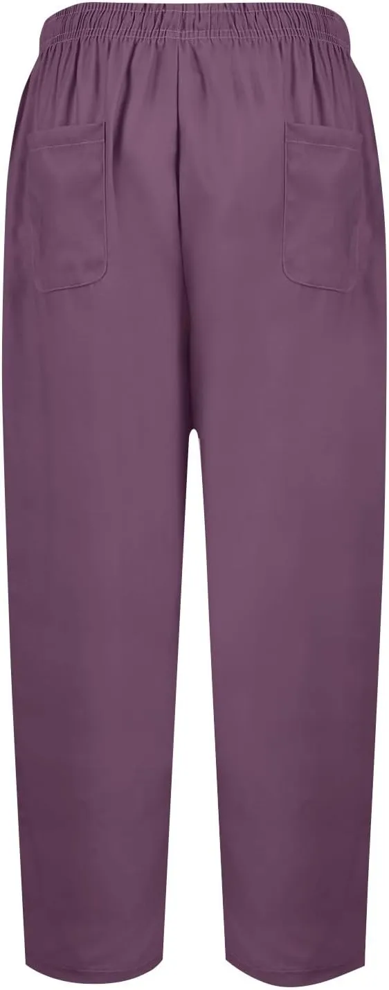 Plus Size Pants for Women Summer Drawstring High Waist Straight Leg Slacks Solid Color Travel Trousers with Pockets