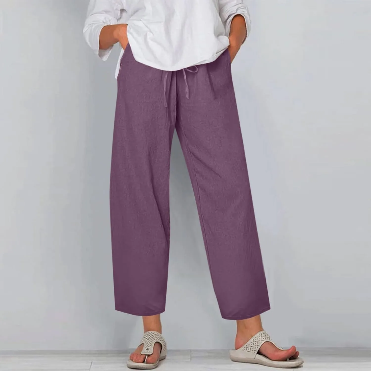 Plus Size Pants for Women Summer Drawstring High Waist Straight Leg Slacks Solid Color Travel Trousers with Pockets