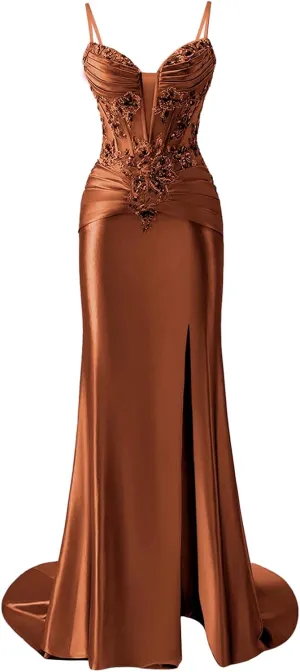 POMUYOO Women's Satin Mermaid Prom Dresses Lace Appliques Sparkly Corset Long Formal Gowns with Slit