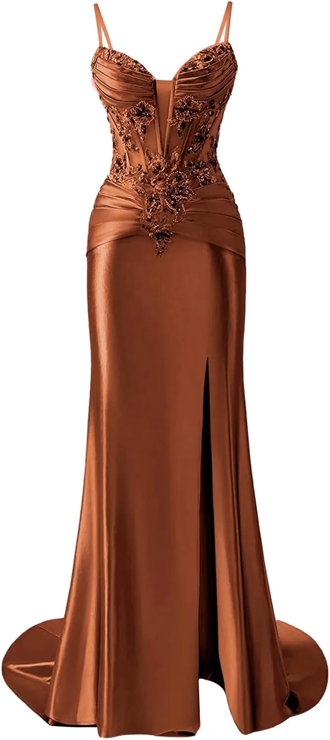 POMUYOO Women's Satin Mermaid Prom Dresses Lace Appliques Sparkly Corset Long Formal Gowns with Slit
