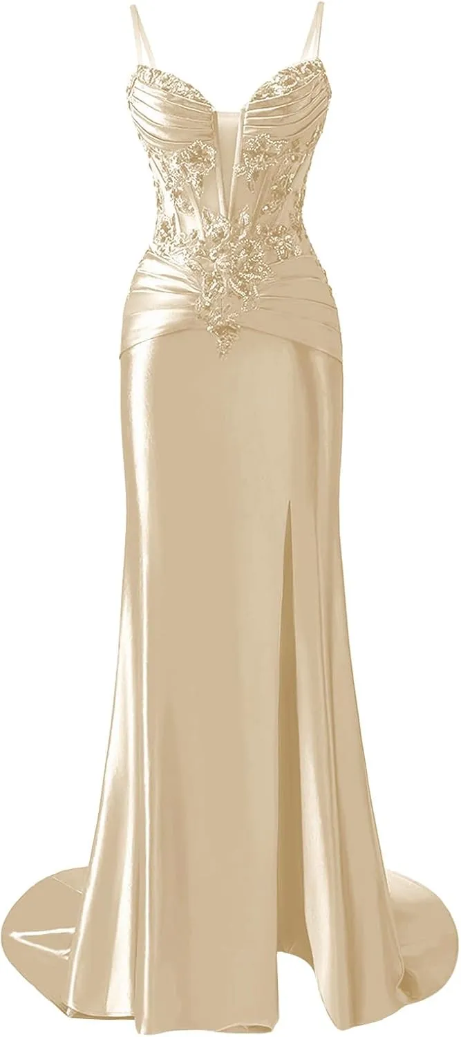 POMUYOO Women's Satin Mermaid Prom Dresses Lace Appliques Sparkly Corset Long Formal Gowns with Slit
