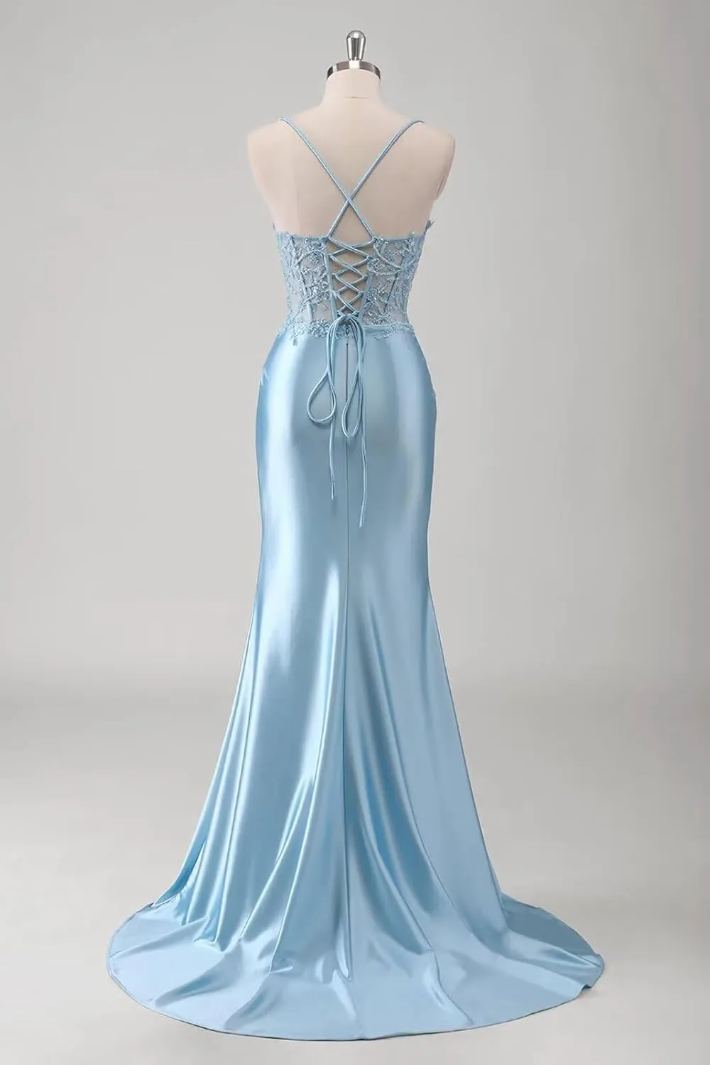 POMUYOO Women's Satin Mermaid Prom Dresses Lace Appliques Sparkly Corset Long Formal Gowns with Slit