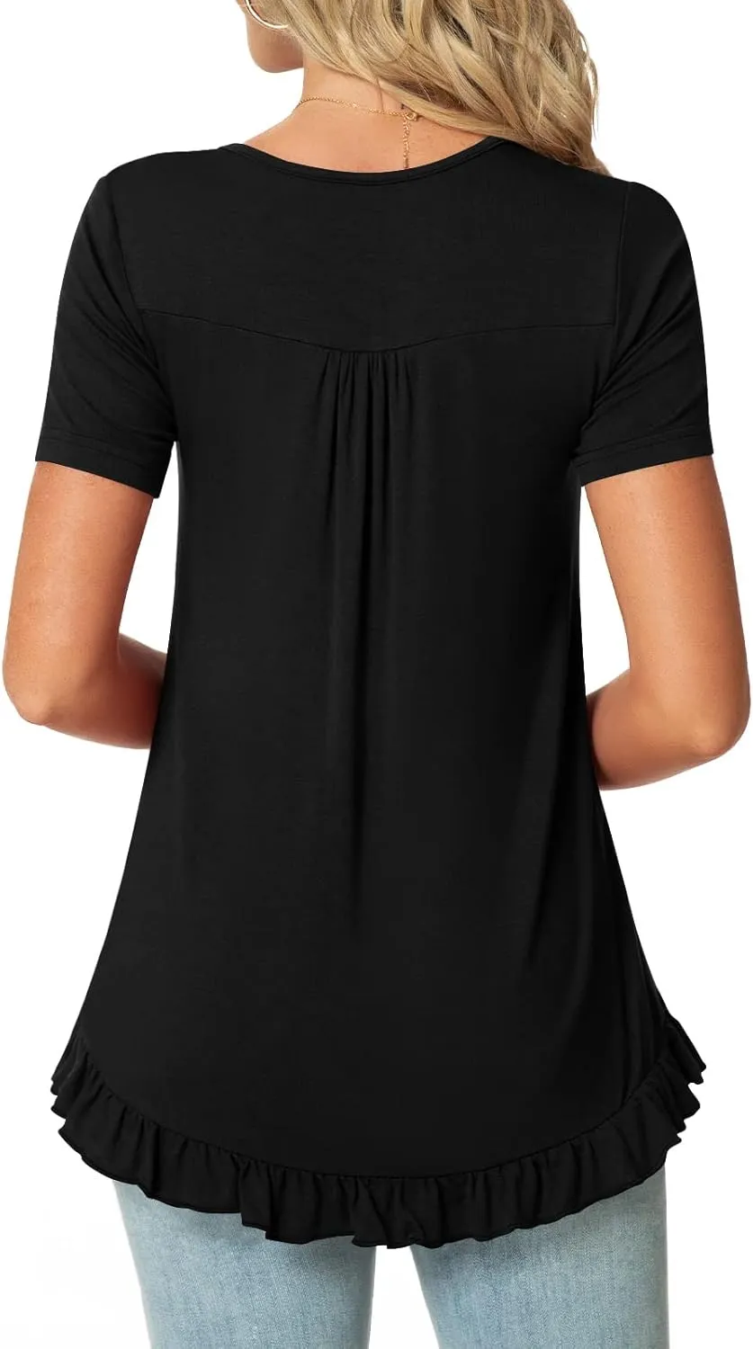 POPYOUNG Tunic Tops for Women Dressy Loose Fit Casual Short Sleeve Long Shirts Ruffled Hem Blouse wear with Leggings