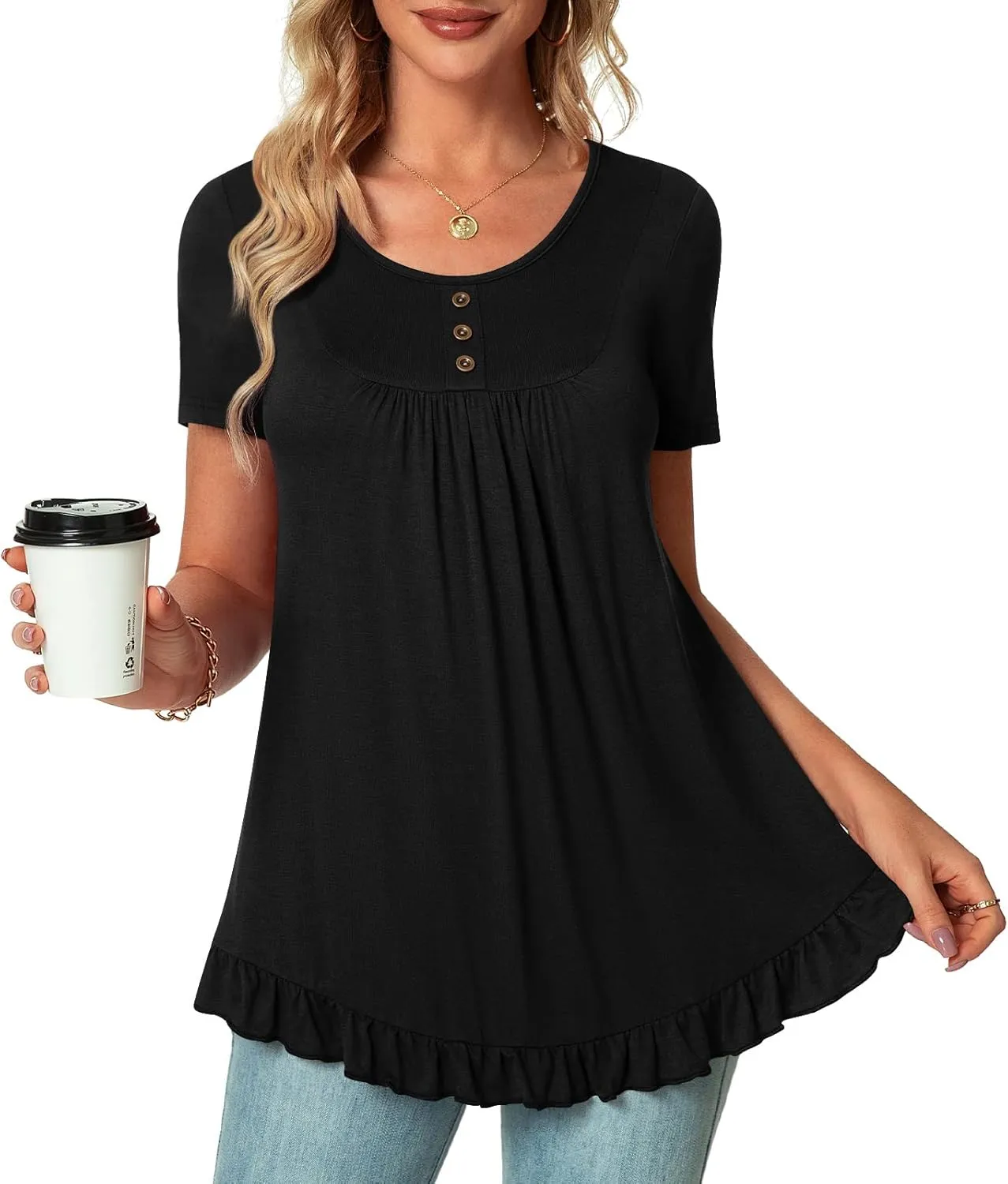 POPYOUNG Tunic Tops for Women Dressy Loose Fit Casual Short Sleeve Long Shirts Ruffled Hem Blouse wear with Leggings