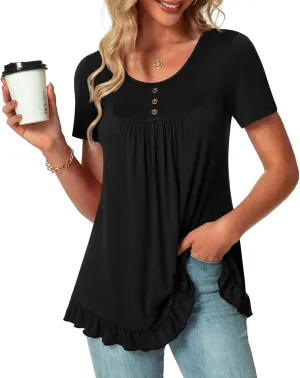 POPYOUNG Tunic Tops for Women Dressy Loose Fit Casual Short Sleeve Long Shirts Ruffled Hem Blouse wear with Leggings