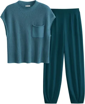 PRETTYGARDEN Womens Two Piece Outfits Sweater Sets Knit Pullover Tops And High Waisted Pants Matching Tracksuit Sweatsuit Set