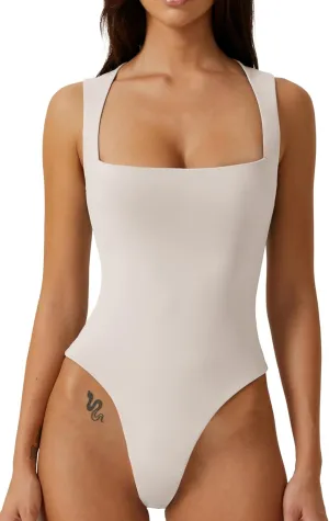 QINSEN Womens Sexy Square Neck Bodysuit Sleeveless Double Lined T Shirt Tops