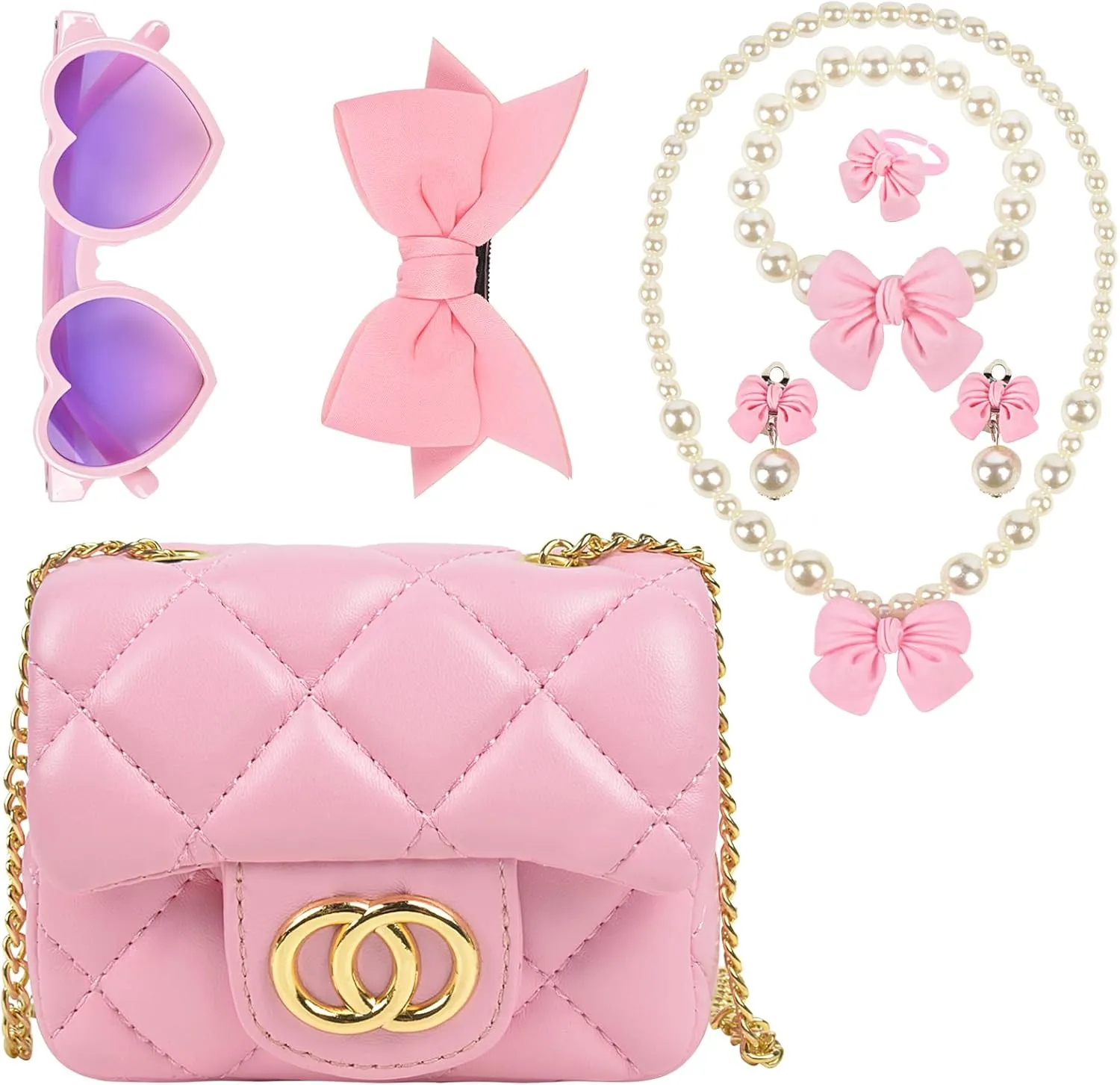 QZUnique Girls Crossbody Purse Set, Mini Handbag with Jewelry Set Hair Clip Sunglass, PU Coin Purse Shoulder Messenger Bag Dress Up Gift Pretend Play Necklace Accessories for Kids Toddlers, 7 Pack